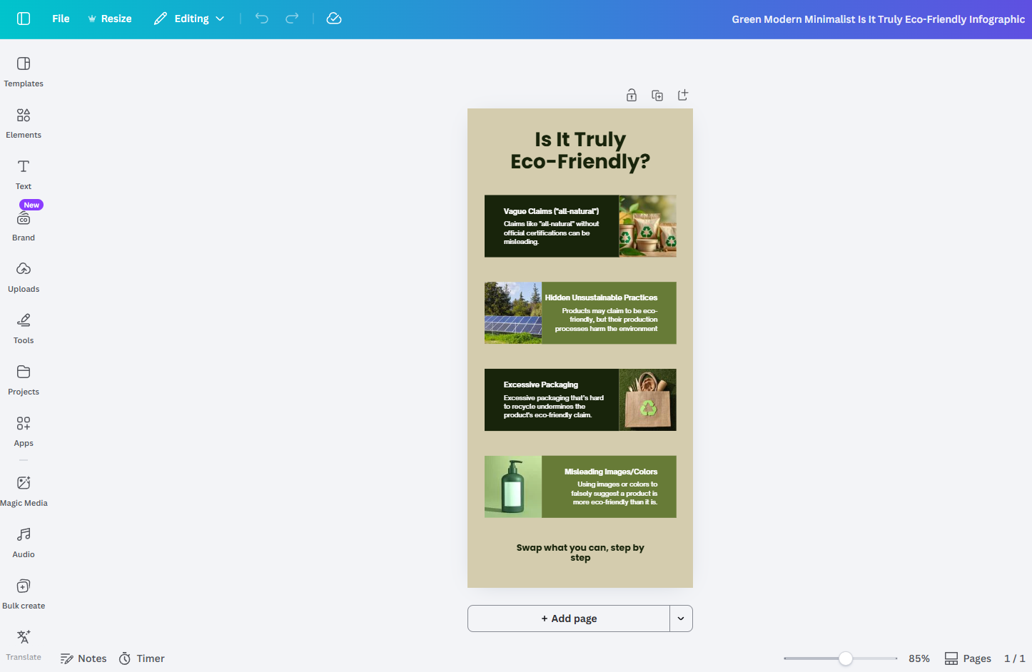 Screenshot of the Canva editor, with an infographic template within the editor.