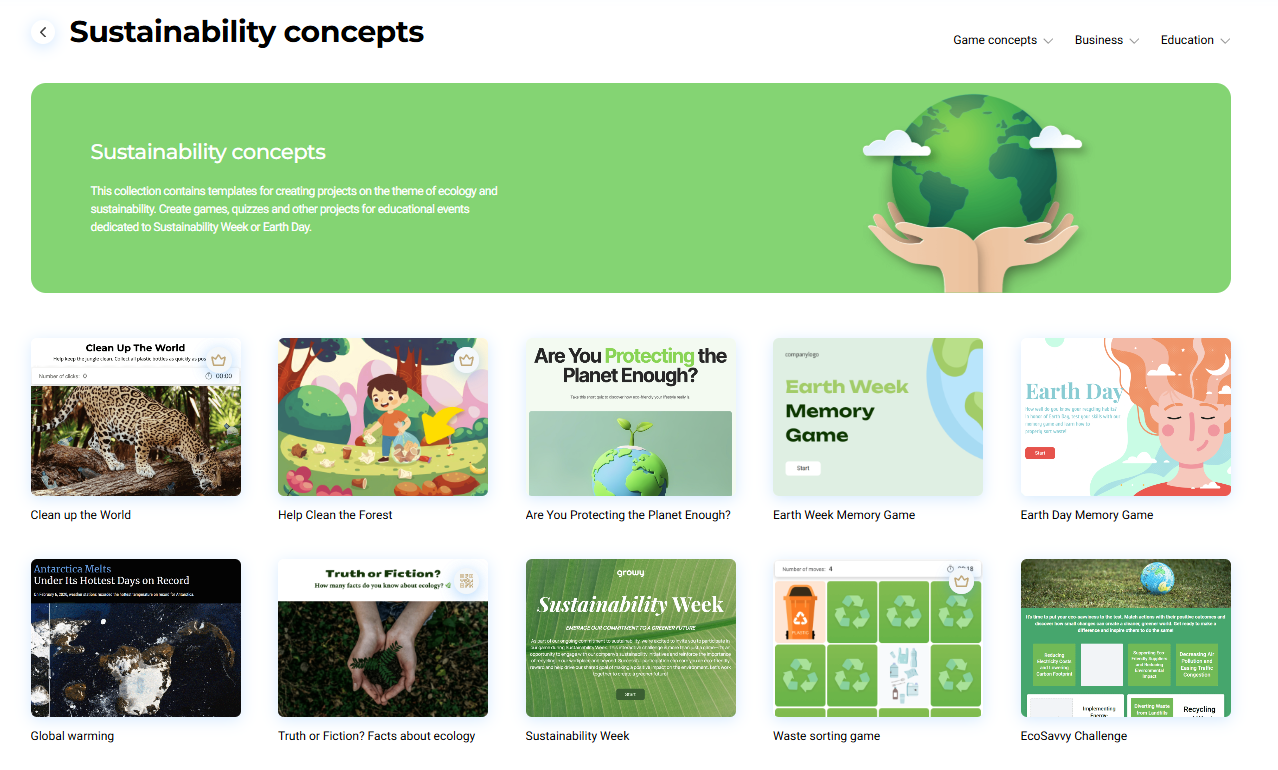 Screenshot of the Interacty platform template gallery of educational environmental game templates.