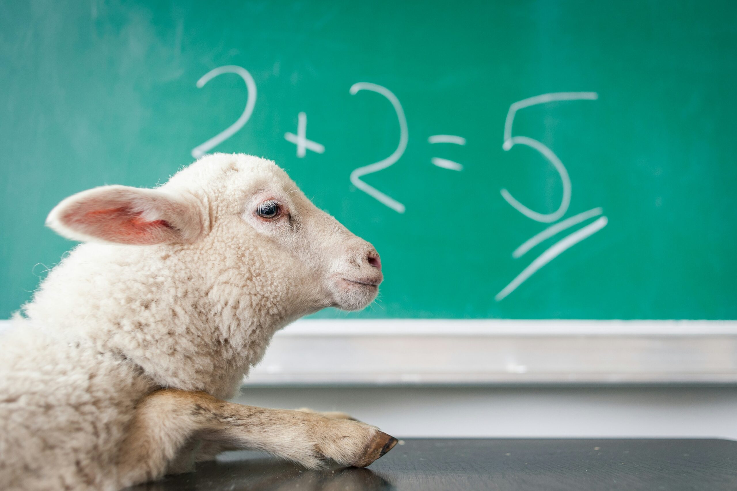 A sheep sitting at a desk with a chalkboard in the background with 2+2=5 written on it.