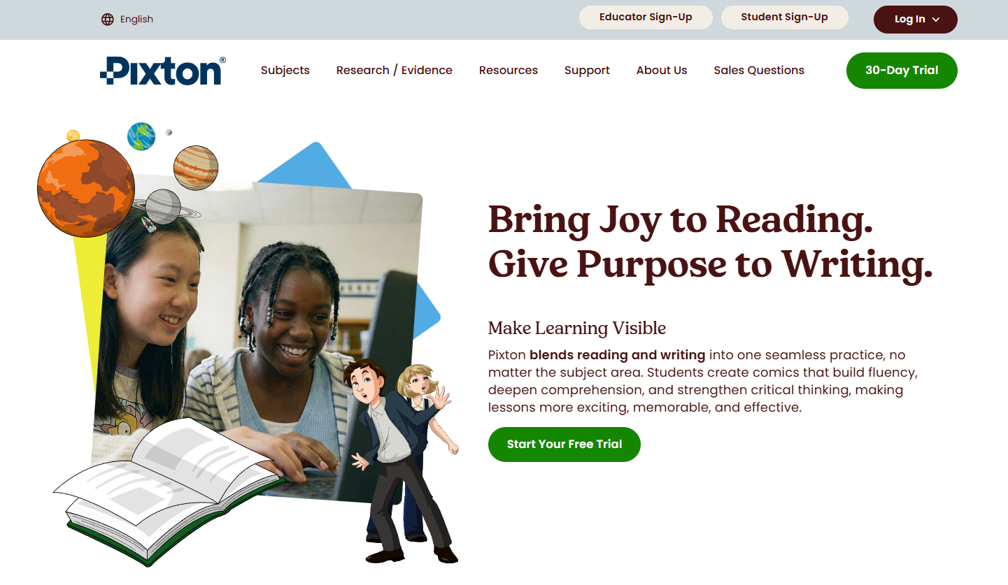 Screenshot of the Pixton website landing page.